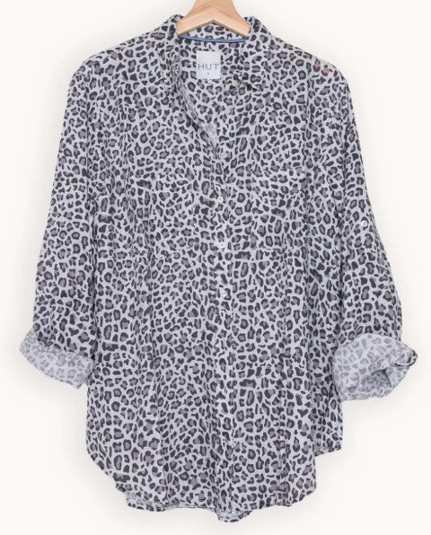 Boyfriend Linen Shirt Charcoal Leopard