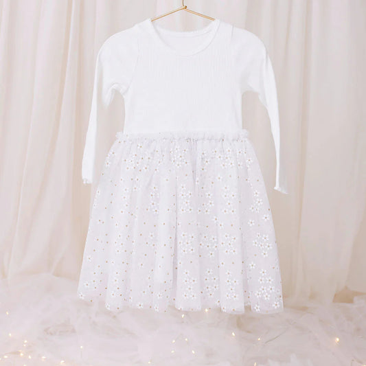 Ribbed Tulle Dress White Daisies