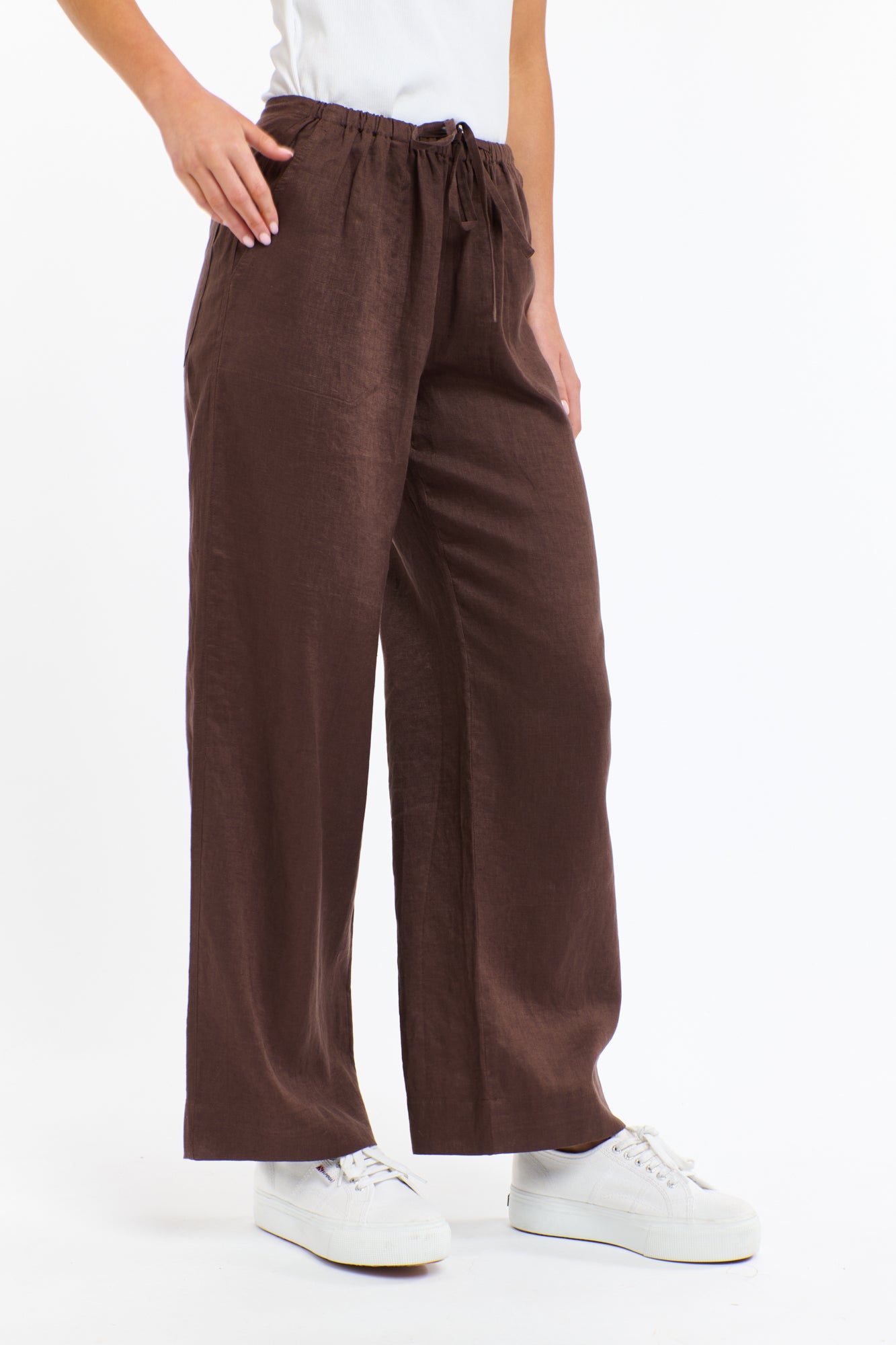 Perry Linen Drawcord Pant - Chocolate