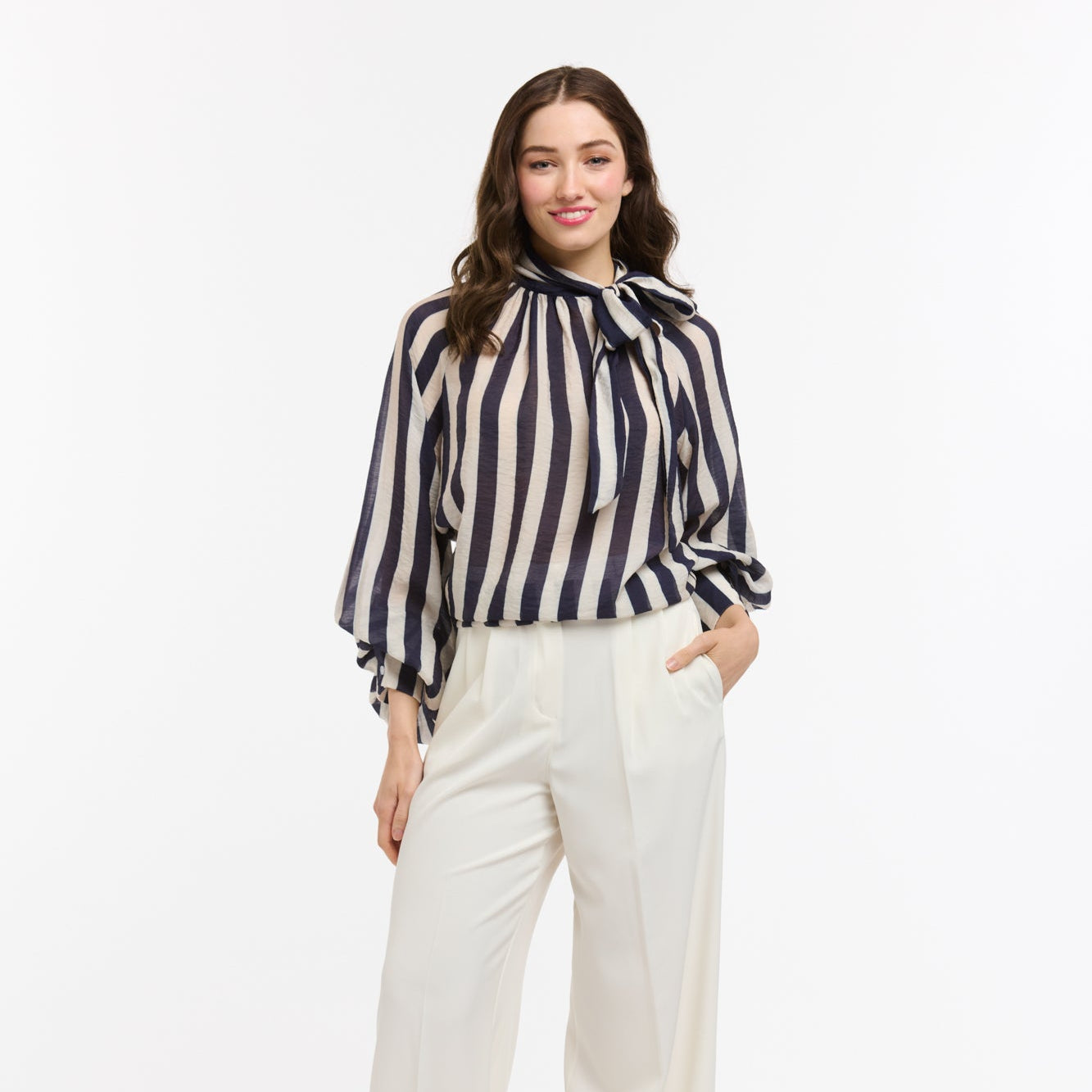 Kaye Striped Bow Neck Blouse - Blue