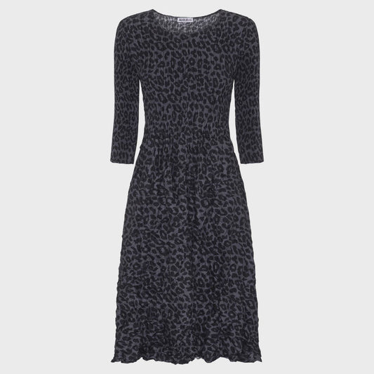 3/4 Sleeve Smash Pocket Dress Indigo Leopard