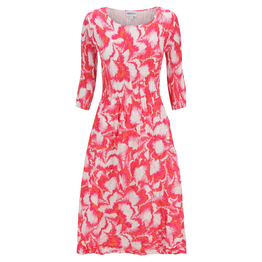3/4 Sleeve Smash Pocket Dress -Pink Petals Wave