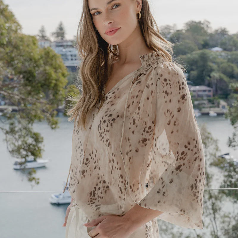 Odyssey Beige Leopard Georgette Shirred Top