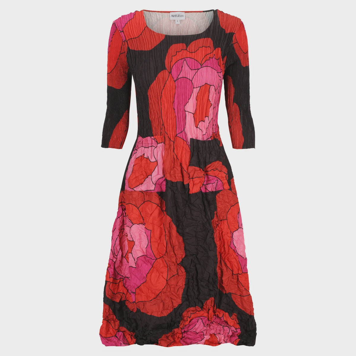 3/4 Sleeve Smash Pocket Dress - Black Red Pink Roses