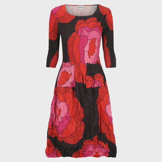 3/4 Sleeve Smash Pocket Dress - Black Red Pink Roses