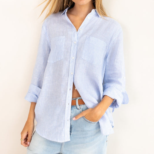The Boyfriend Linen Shirt - Baby Blue Stripe