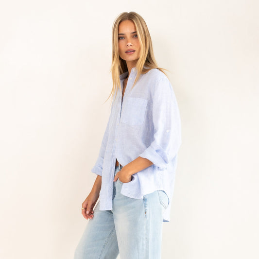The Boyfriend Linen Shirt - Baby Blue Stripe