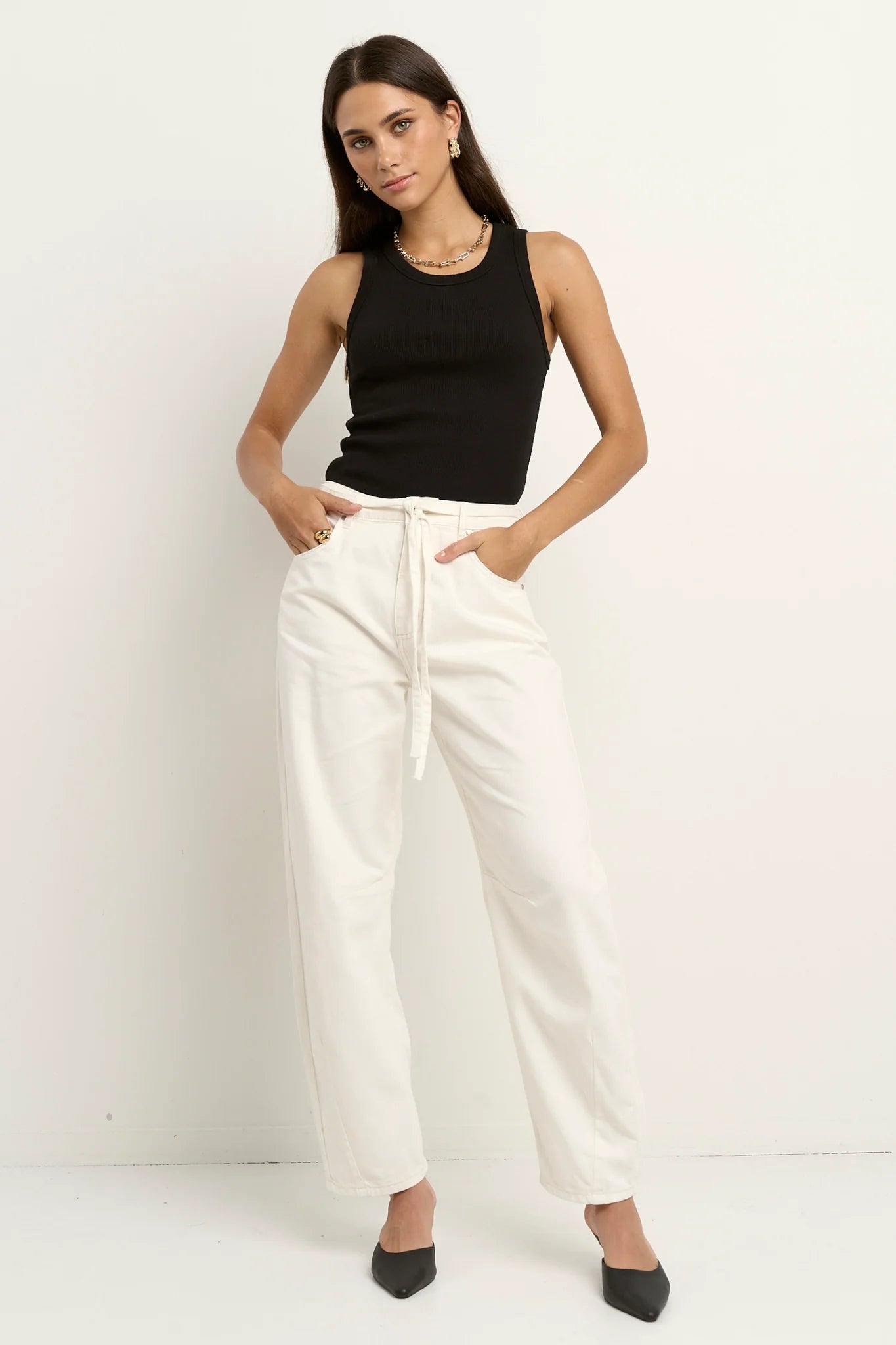 Campus Tie Waist Barrel Jeans - Ecru