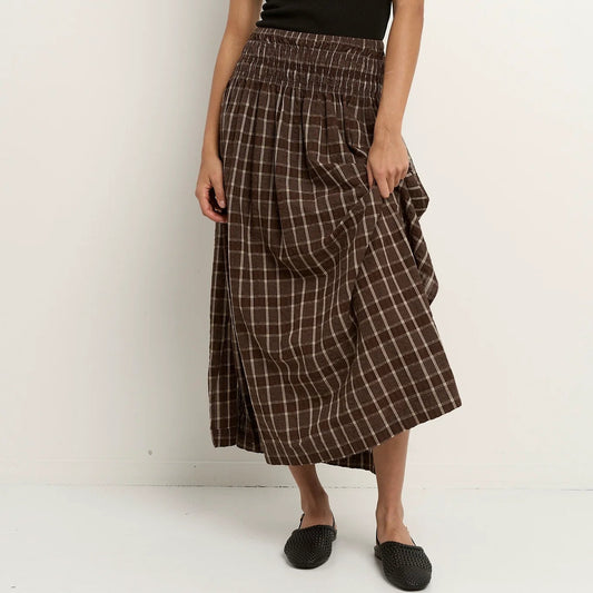 Cheerful Chocolate Gingham Shirred Waist Maxi Skirt