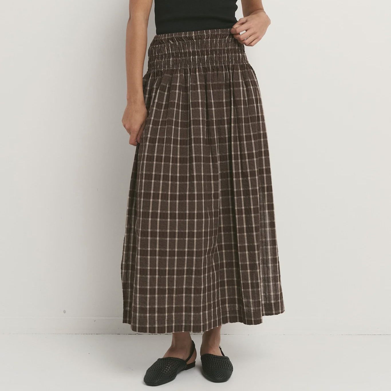 Cheerful Chocolate Gingham Shirred Waist Maxi Skirt