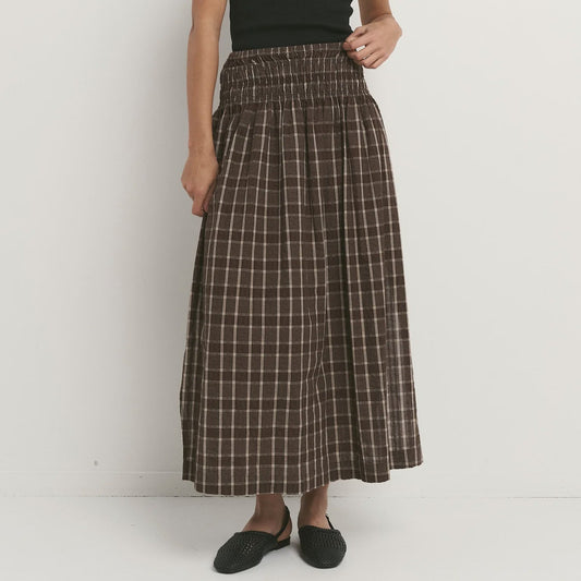 Cheerful Chocolate Gingham Shirred Waist Maxi Skirt