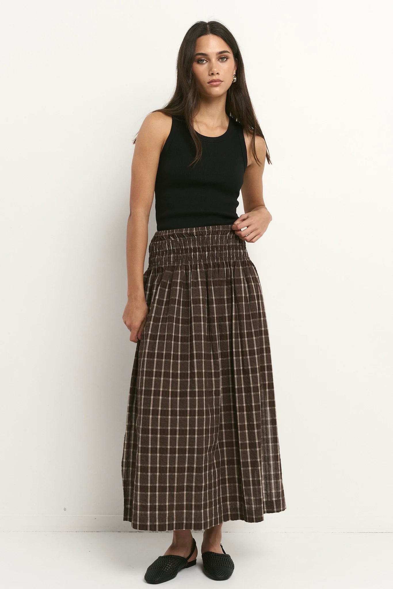 Cheerful Chocolate Gingham Shirred Waist Maxi Skirt