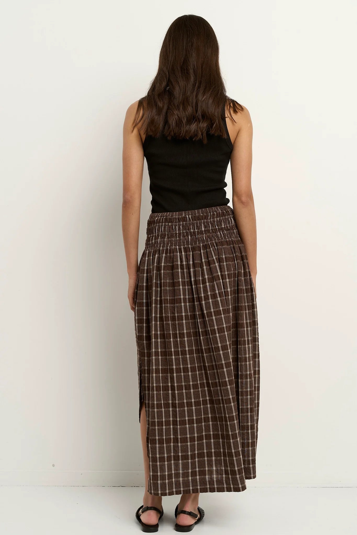 Cheerful Chocolate Gingham Shirred Waist Maxi Skirt