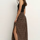 Cheerful Chocolate Gingham Shirred Waist Maxi Skirt
