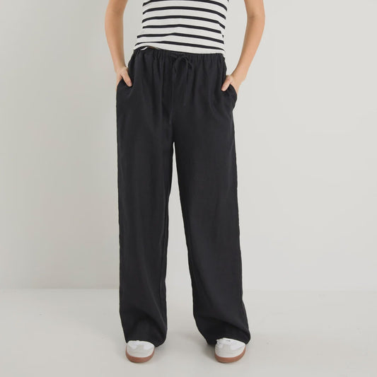 Wellness Black Linen Pull On Wide Leg Pants