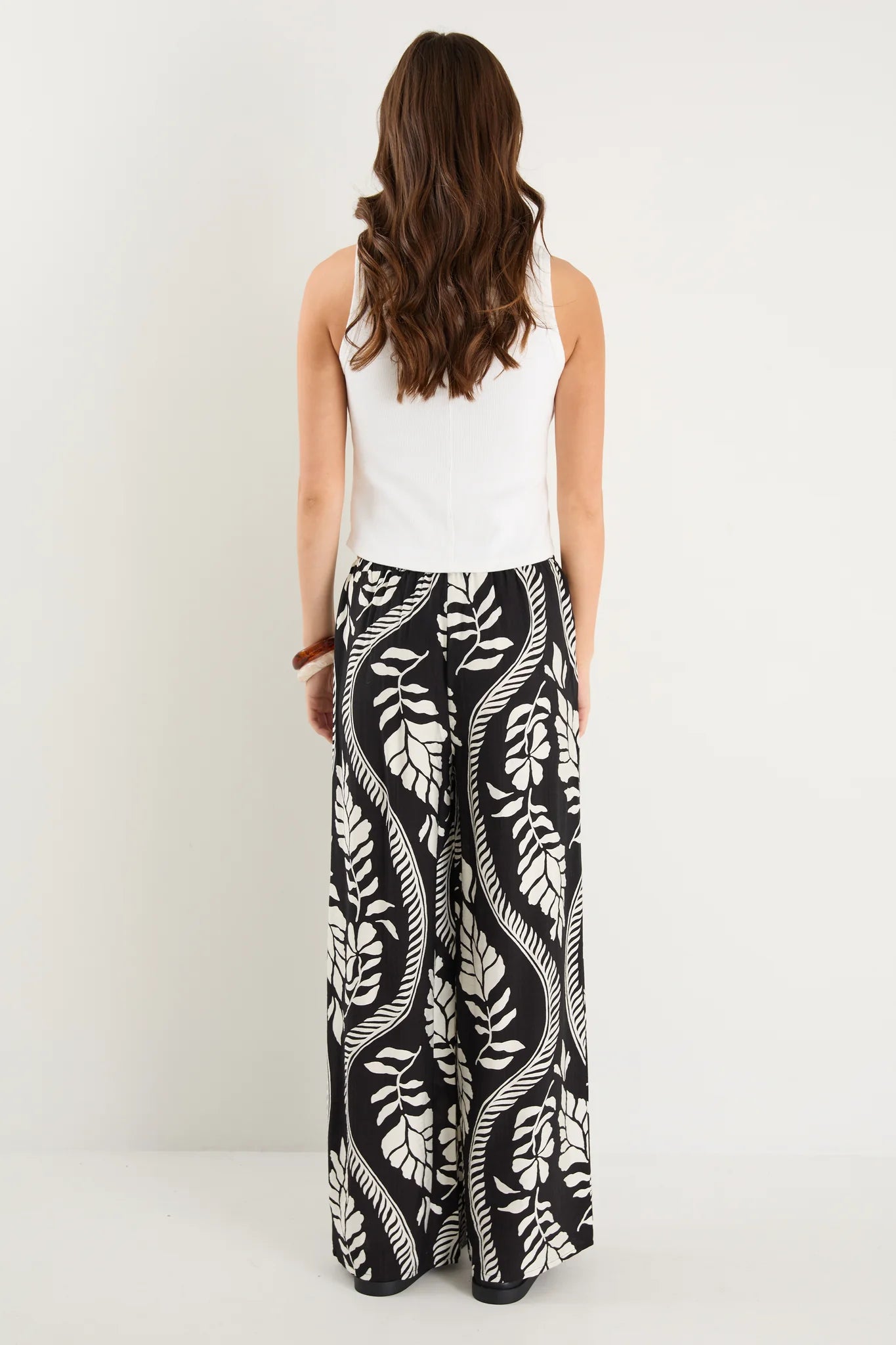 Clever Black Ivory Leaf Drawcord Wide Leg Pants