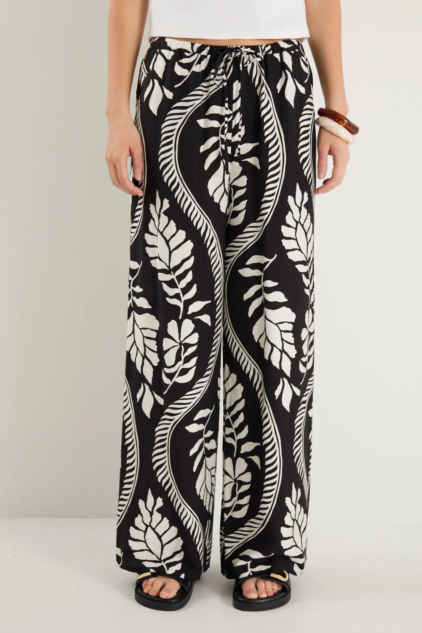 Clever Black Ivory Leaf Drawcord Wide Leg Pants