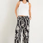 Clever Black Ivory Leaf Drawcord Wide Leg Pants