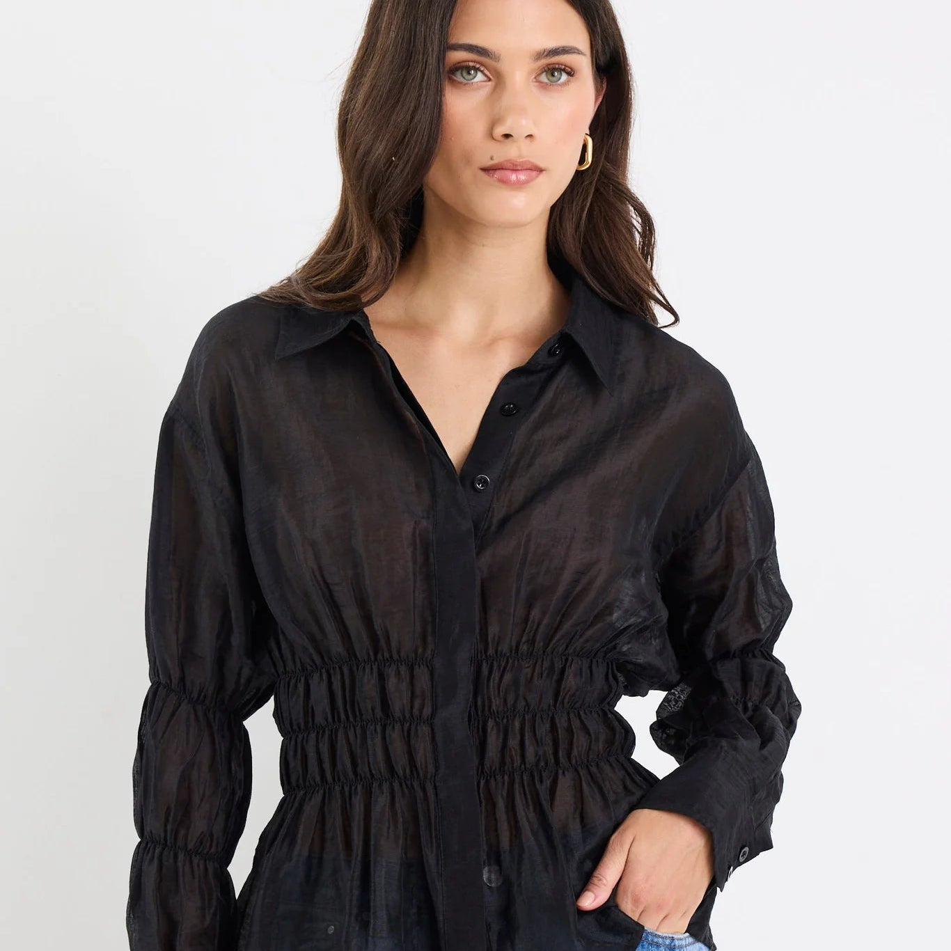 Composite Sheer Shirred Body Shirt