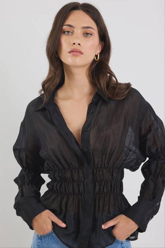 Composite Sheer Shirred Body Shirt - Black