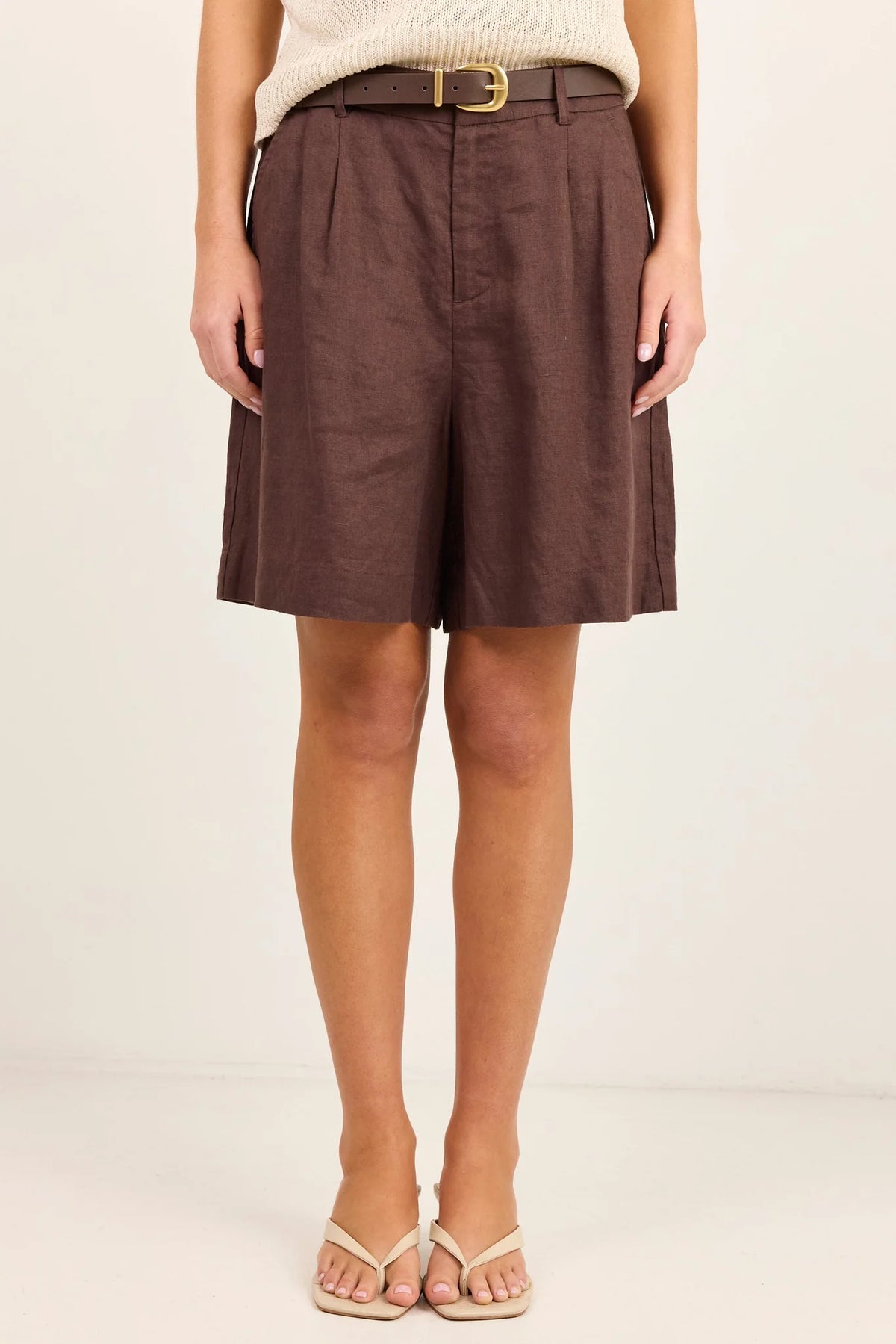 Literal Linen Pleat Front Shorts - Dark Chocolate