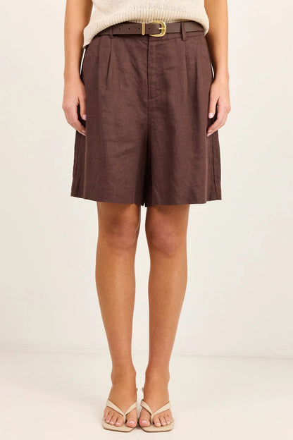 Literal Linen Pleat Front Shorts - Dark Chocolate