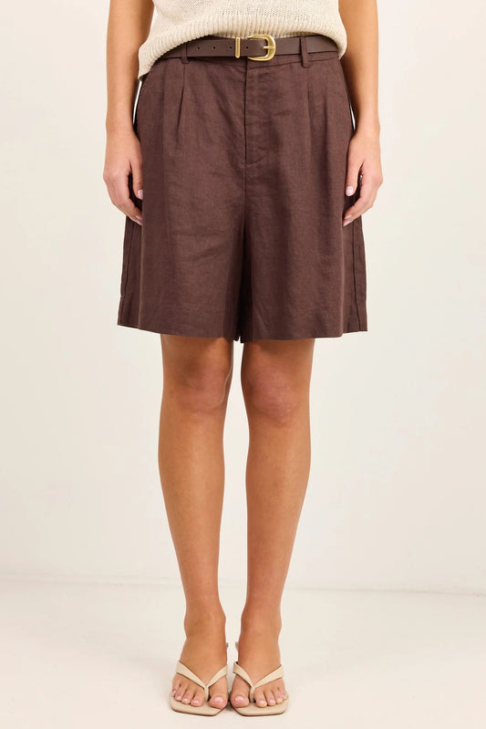 Literal Linen Pleat Front Shorts - Dark Chocolate