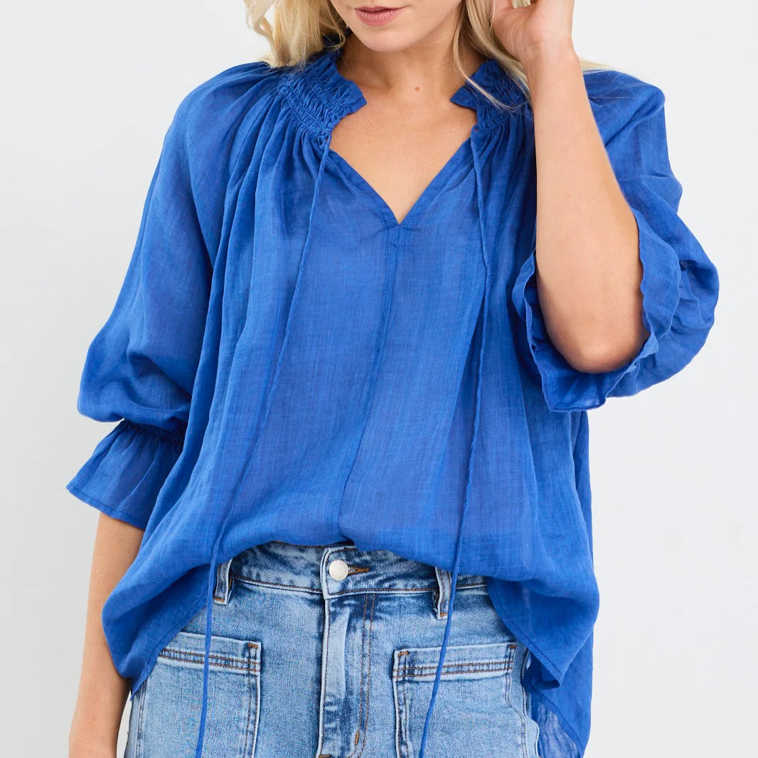 Expedition Blue Shirred Neck Short Sleeve Top