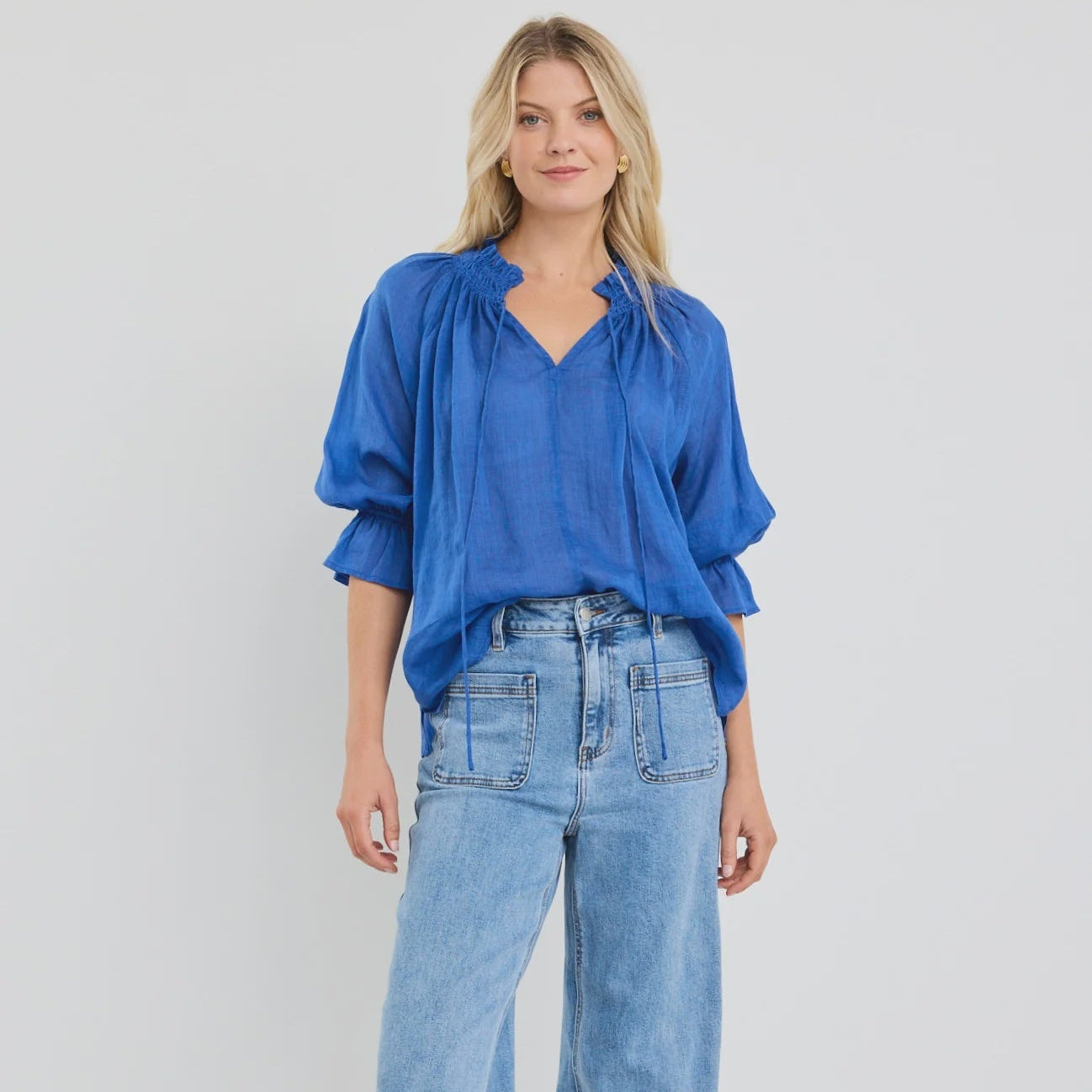 Expedition Blue Shirred Neck Short Sleeve Top