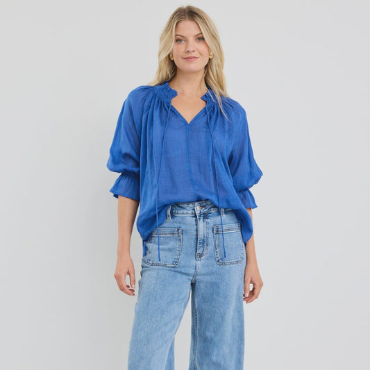 Expedition Blue Shirred Neck Short Sleeve Top