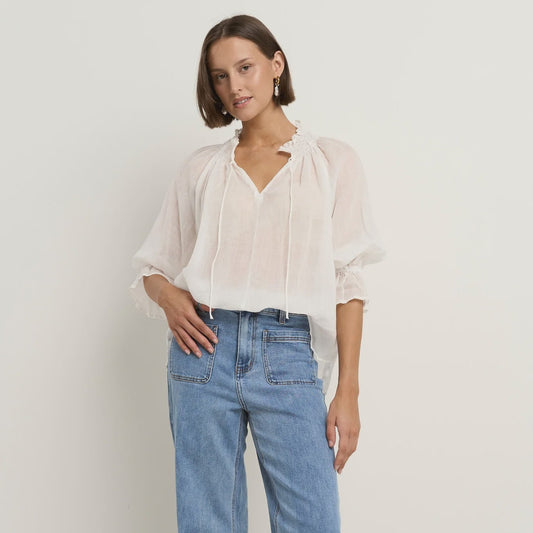 Expedition Ivory Ramie Shirred Neck Short Sleeve Top