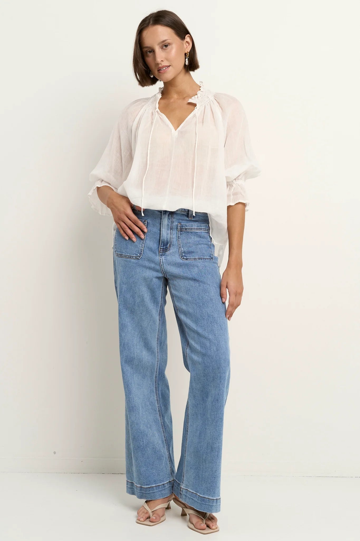 Expedition Ivory Ramie Shirred Neck Short Sleeve Top