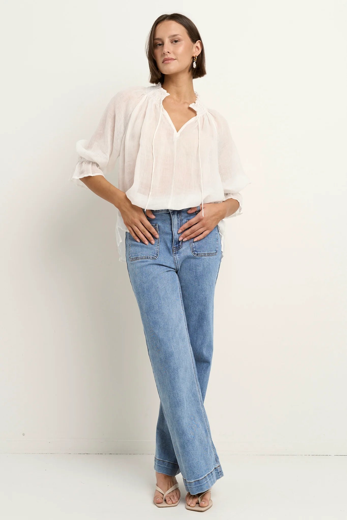 Expedition Ivory Ramie Shirred Neck Short Sleeve Top