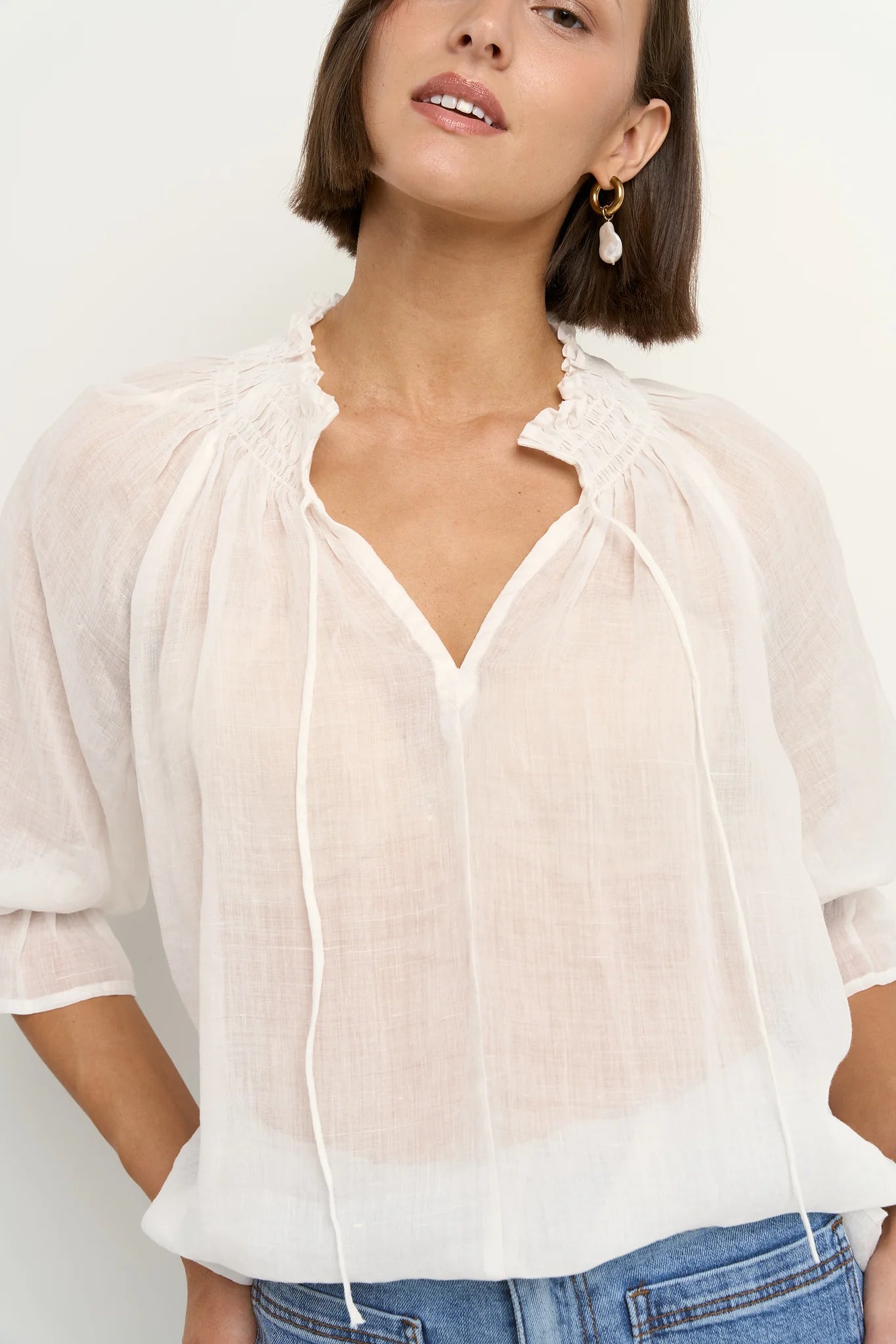 Expedition Ivory Ramie Shirred Neck Short Sleeve Top