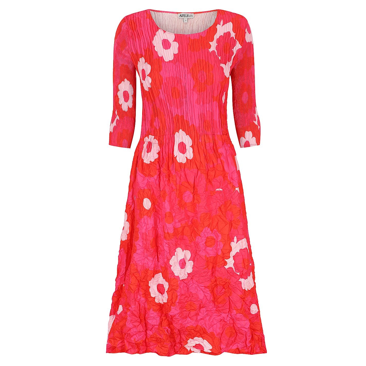 3/4 Sleeve Smash Pocket Dress Pink Spot Flowers