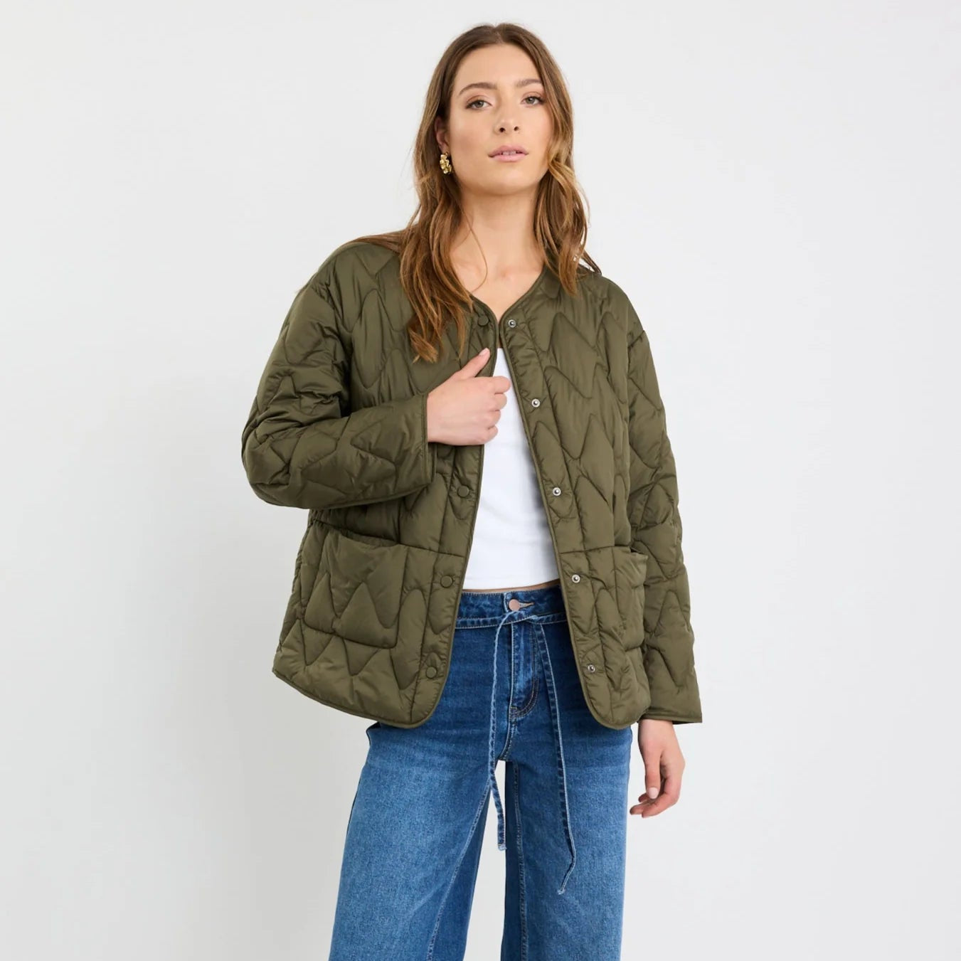 Frankly Khaki Boxy Snap Front Puffer Jacket