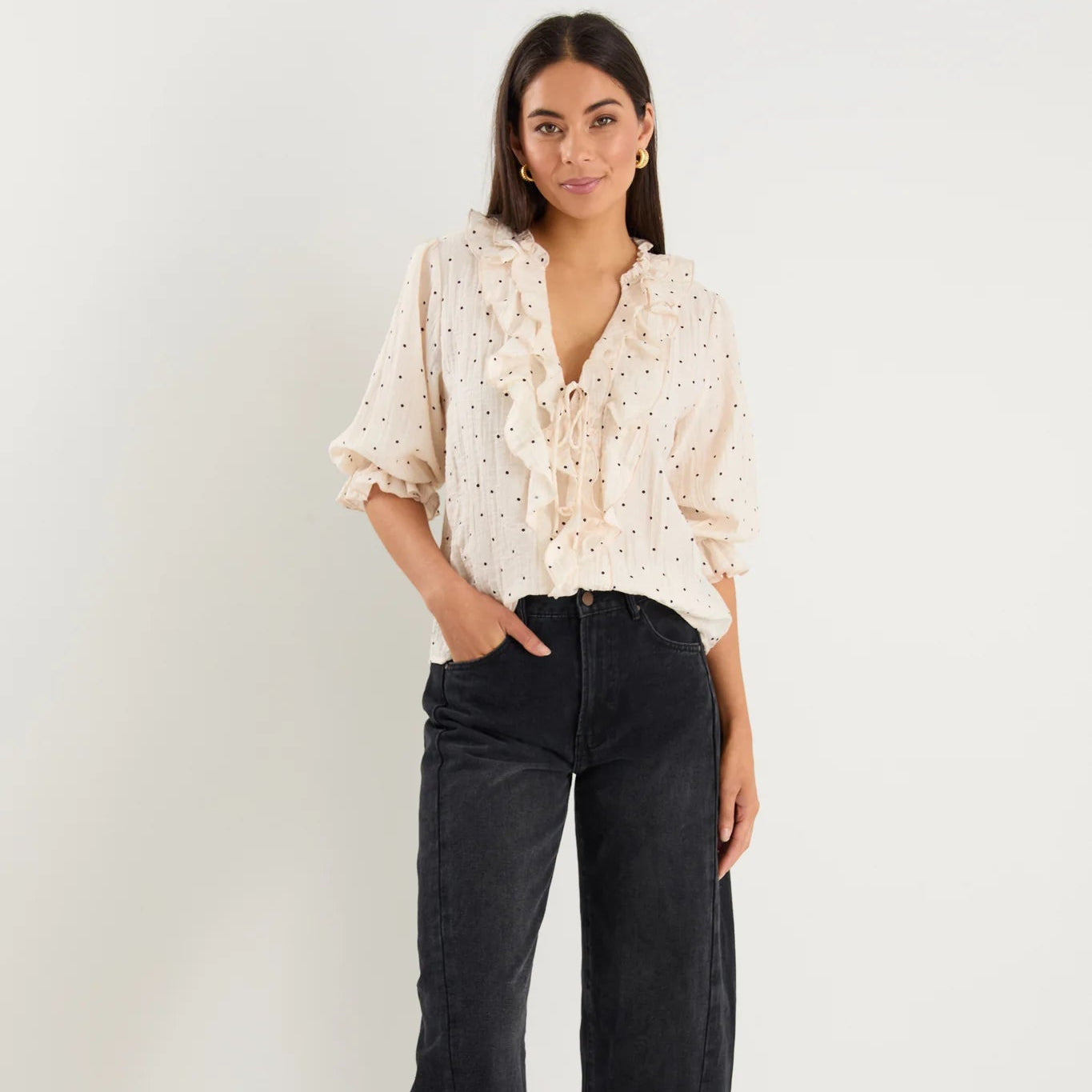 Garnish Cream Black Spot Frill Front Mid Sleeve Top
