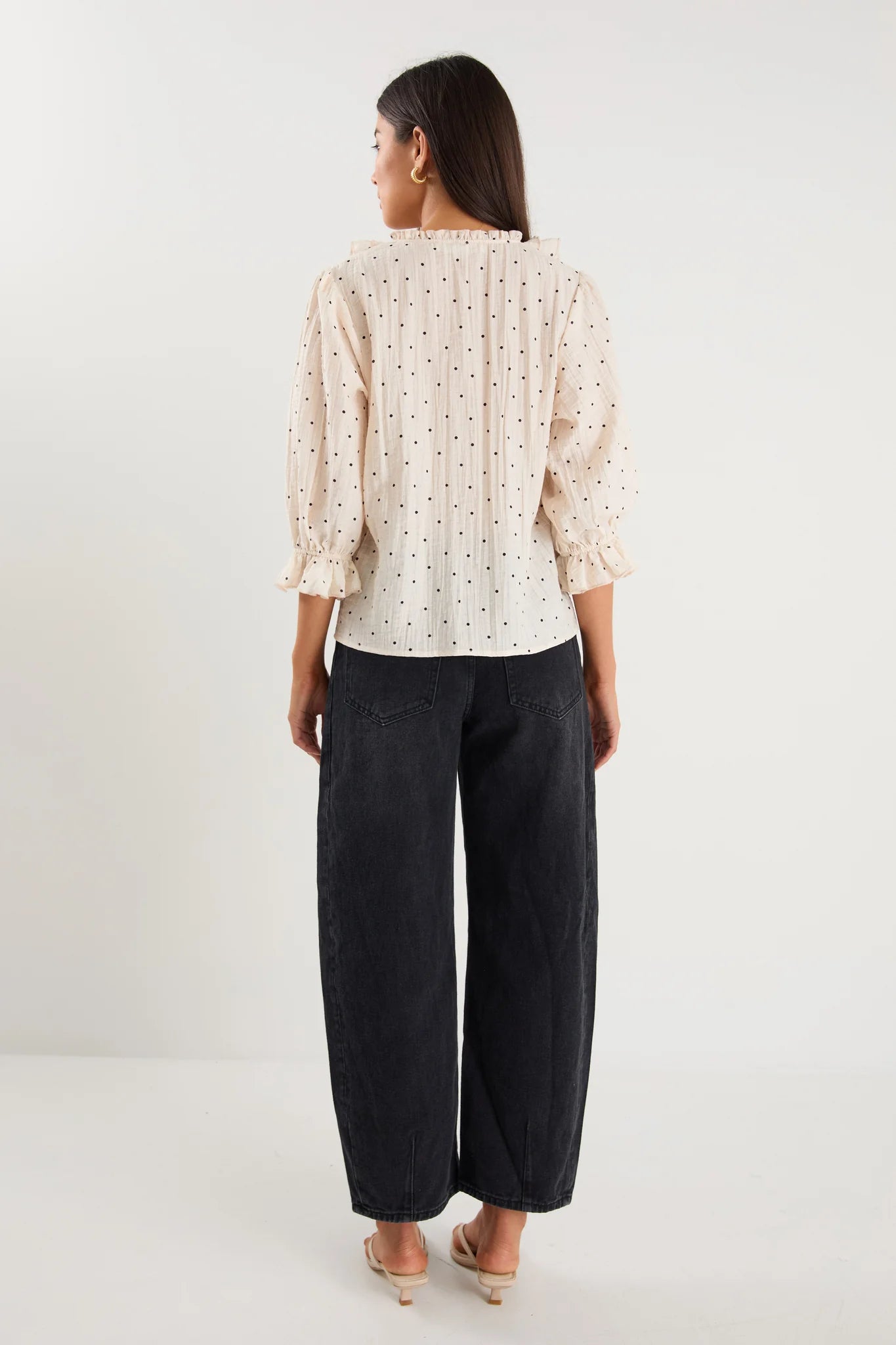 Garnish Cream Black Spot Frill Front Mid Sleeve Top