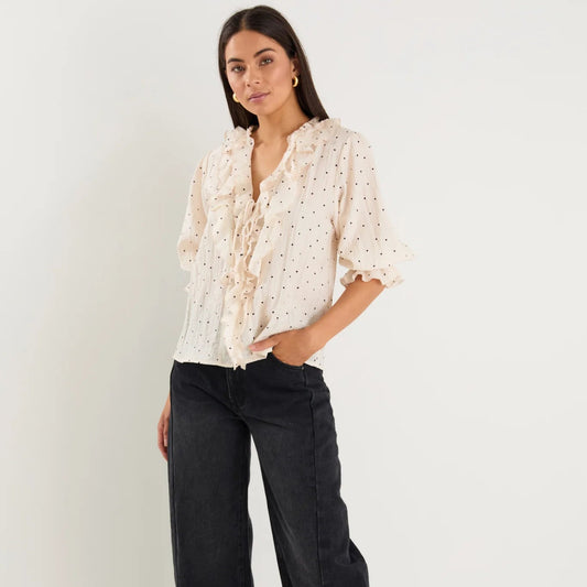 Garnish Cream Black Spot Frill Front Mid Sleeve Top