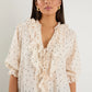 Garnish Cream Black Spot Frill Front Mid Sleeve Top