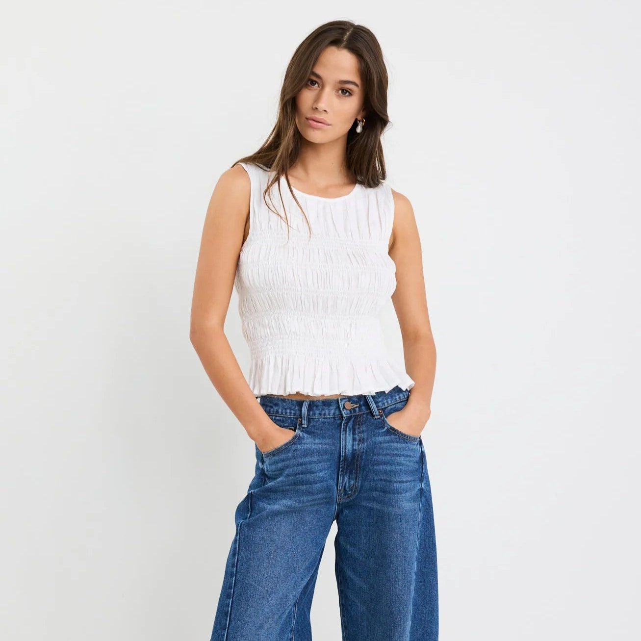 Impulsive Ivory Linen Shirred Sleeveless Top