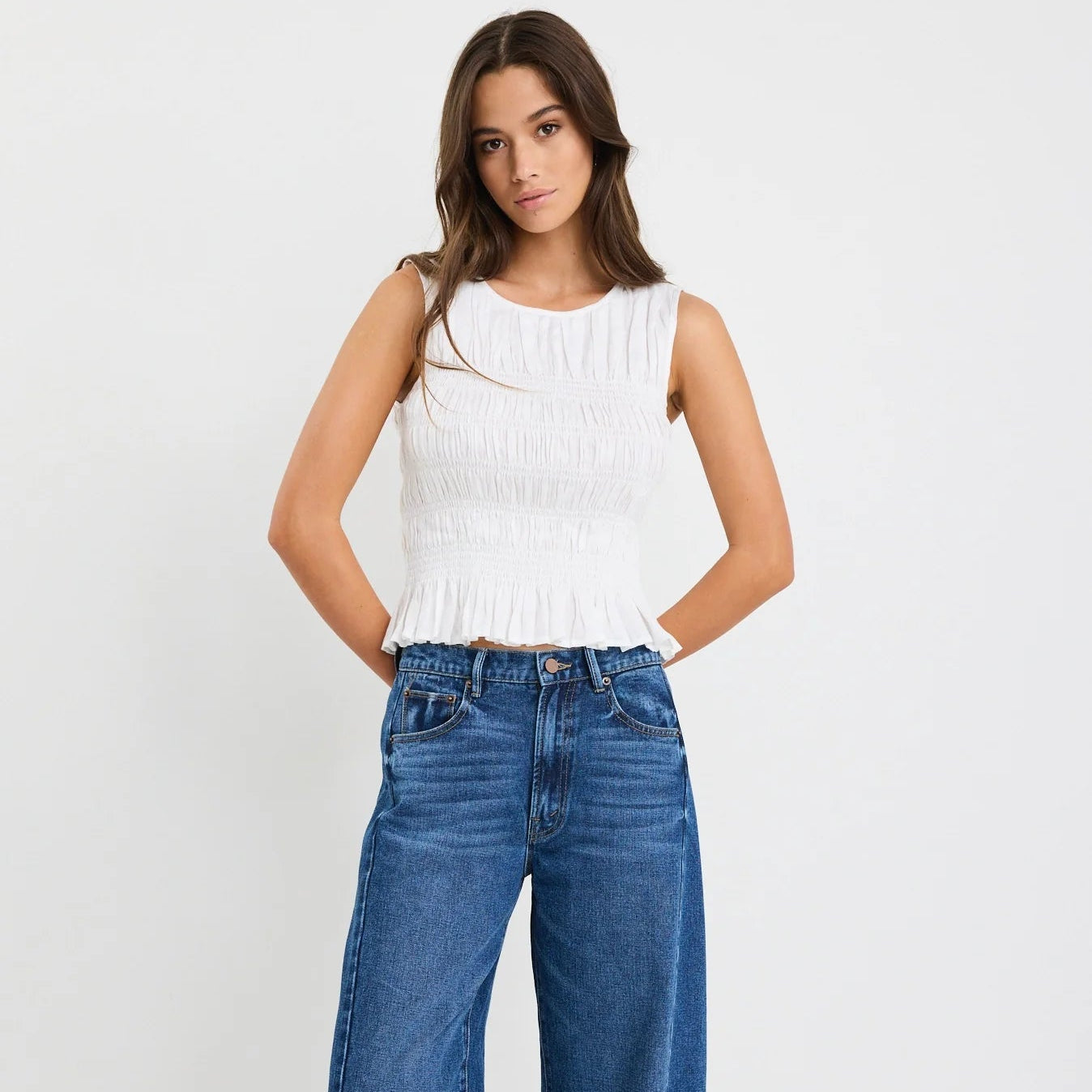 Impulsive Ivory Linen Shirred Sleeveless Top