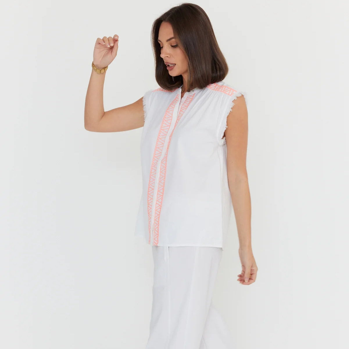 Roman Blouse - White/Fluro Pink