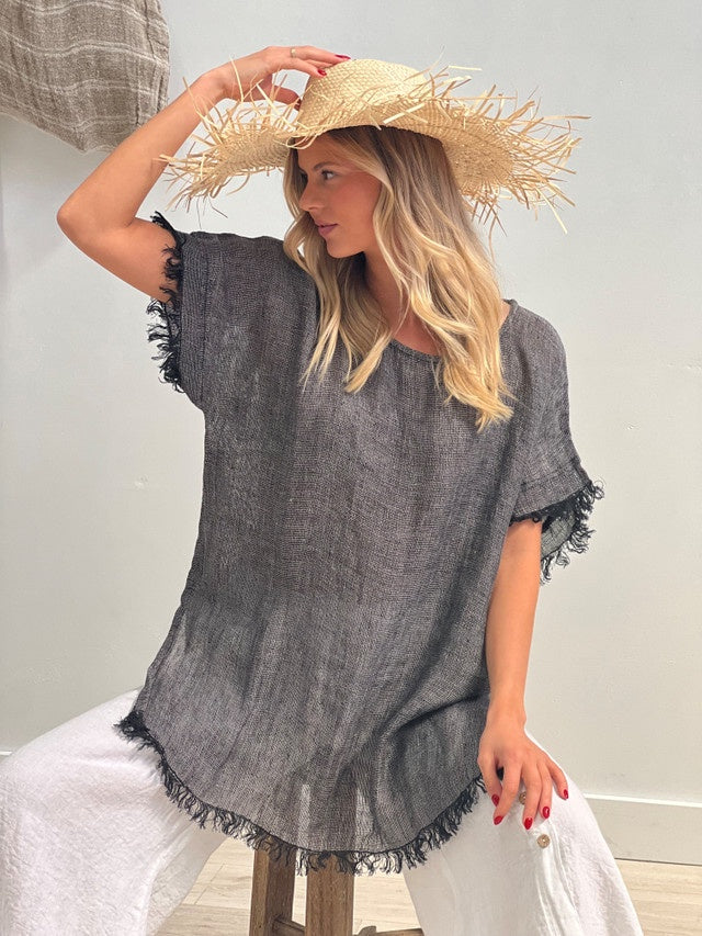 Lucia Fringed Top Black & White Woven