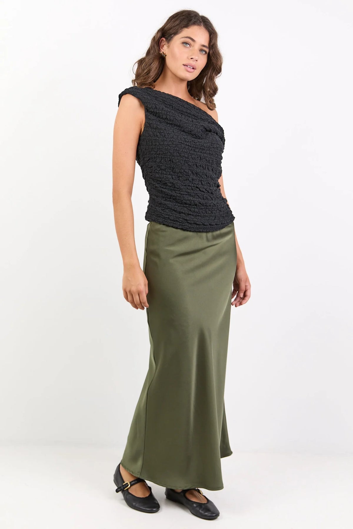 Rosette Satin Bias Cut Maxi Skirt