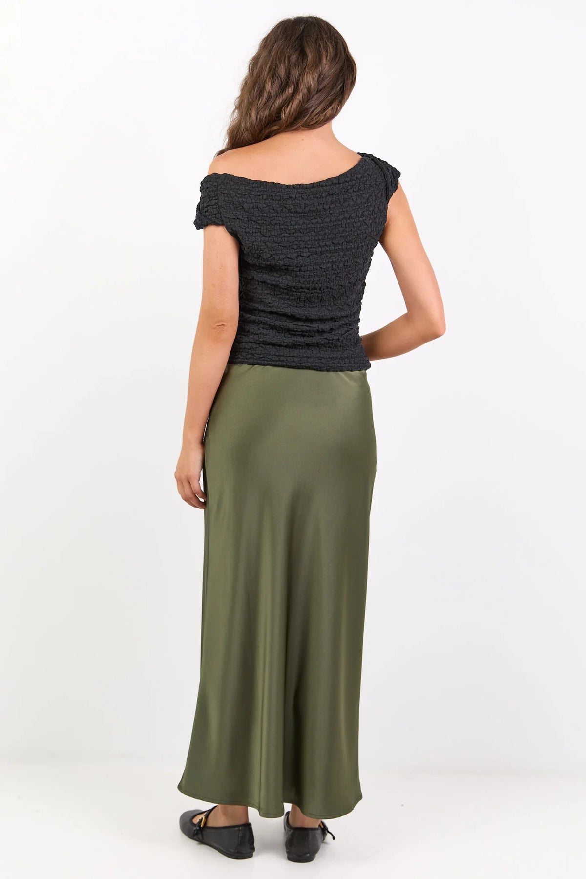 Rosette Satin Bias Cut Maxi Skirt