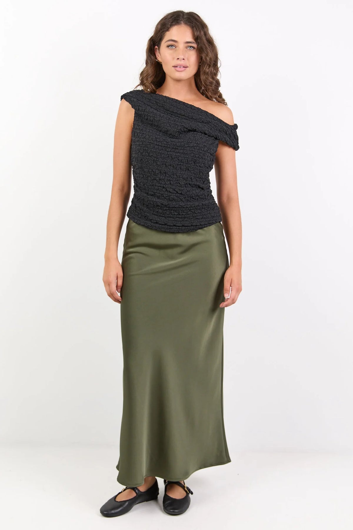 Rosette Satin Bias Cut Maxi Skirt