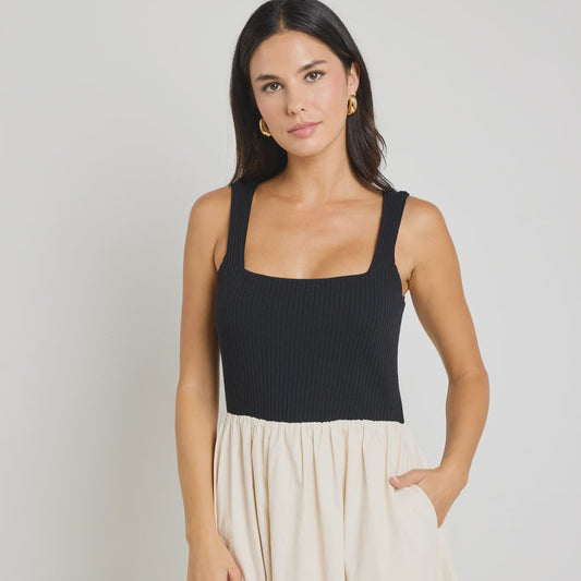 Obsidian Black and Ecru Square Neck Contrast Midi Dress