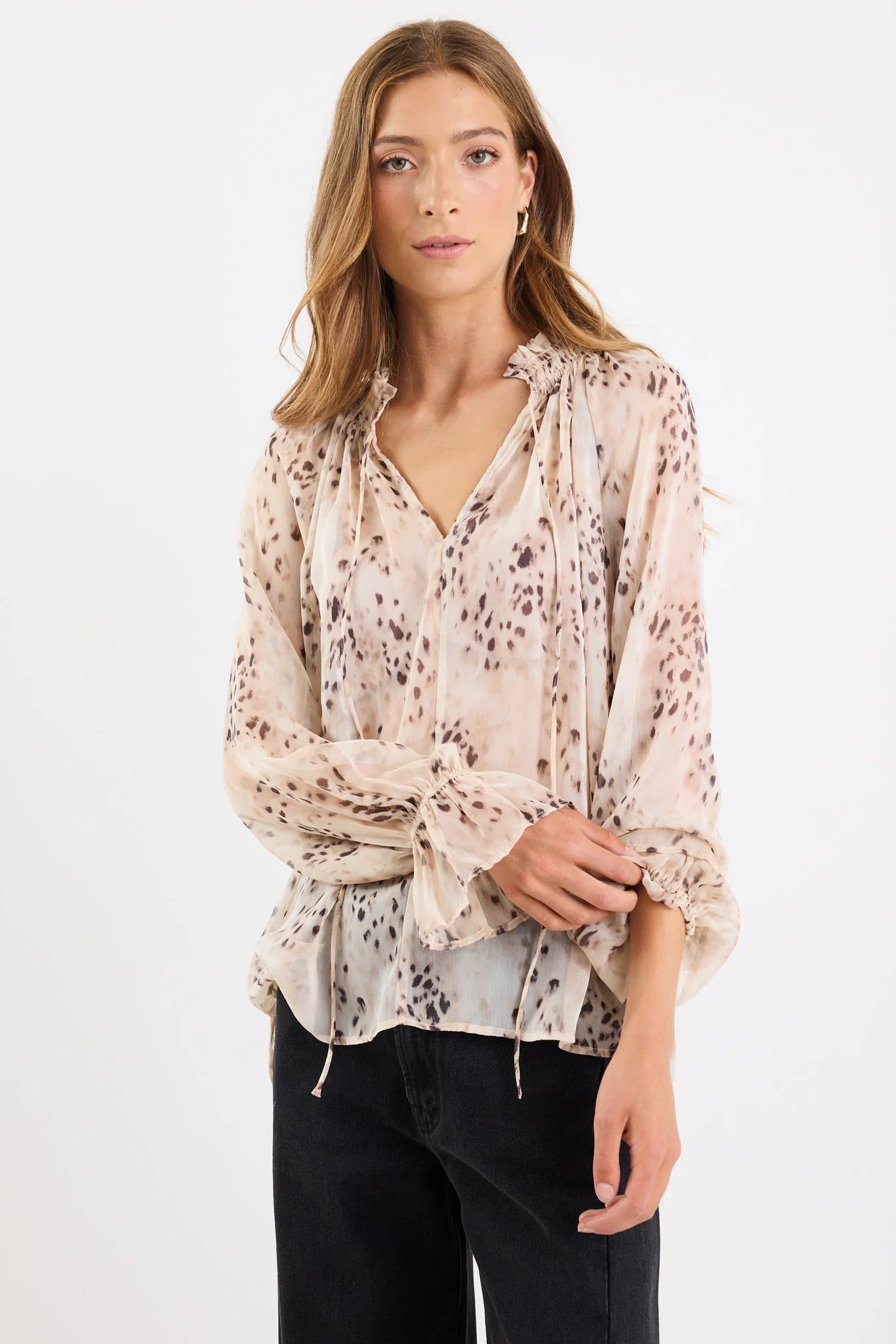 Odyssey Beige Leopard Georgette Shirred Top