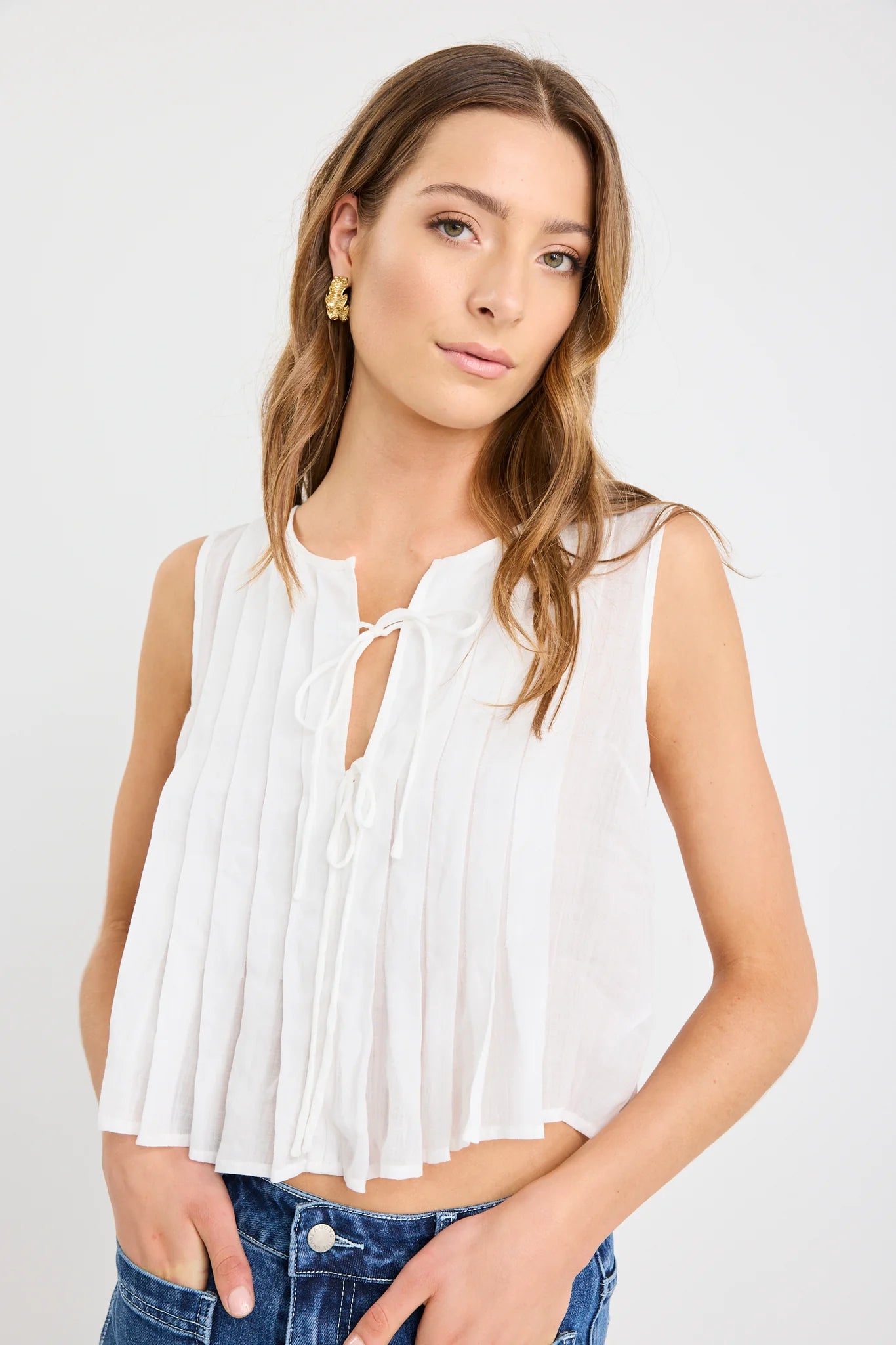 Origami Ivory Linen Pleated Sleeveless Tie Top